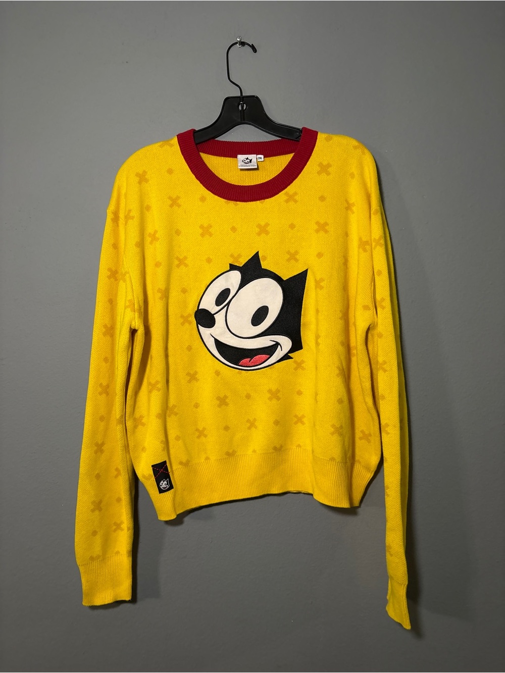 Universal Yellow Knit Sweater with Red Ribbed Collar